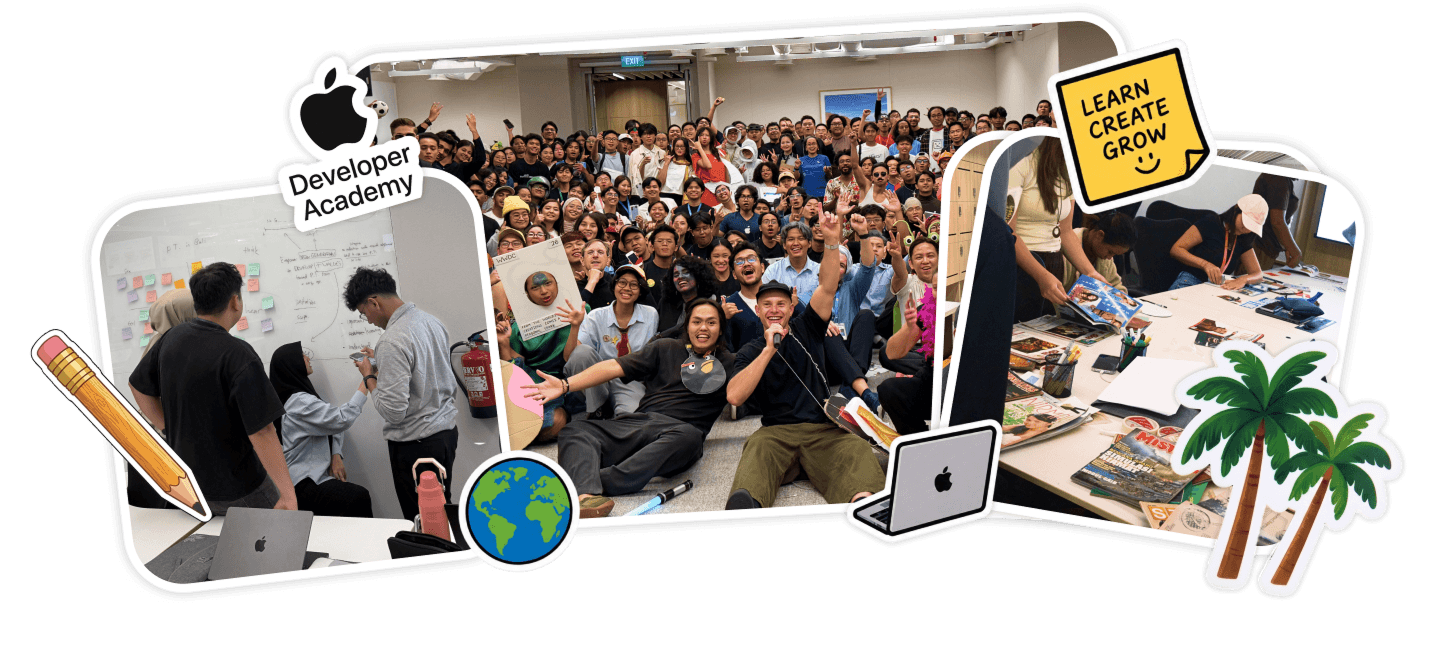 Photo collage from the Apple Developer Academy in Bali: a whiteboard planning session, the full cohort together, and a workshop table covered in craft materials, with playful stickers of the Developer Academy logo, a globe, and 'Learn Create Grow' note.
